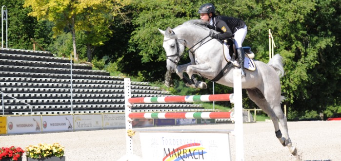 Ann-Kathrin Rupp mit Araberhengst Naoufil über dem Sprung in der Arena