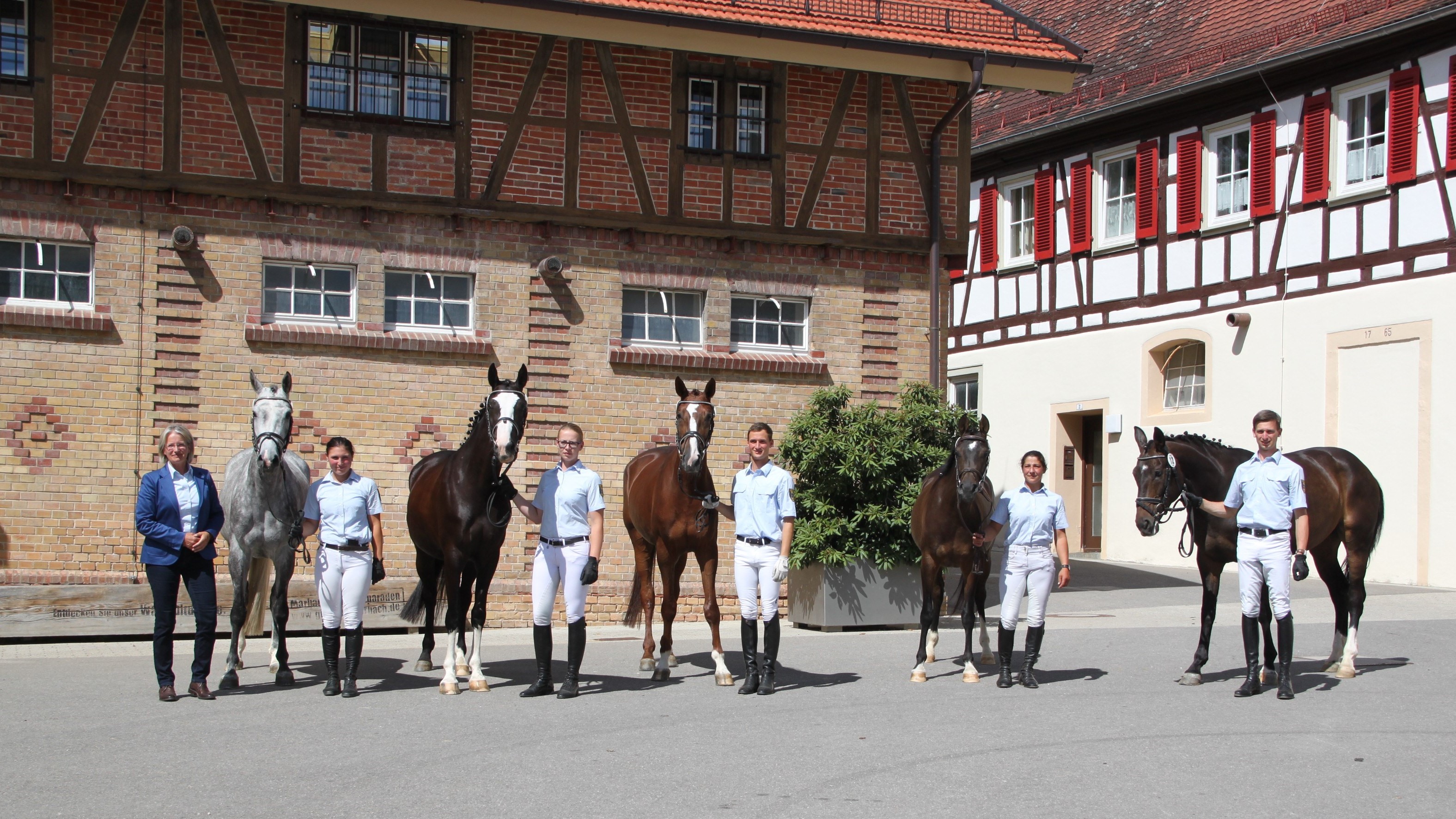 Astrid von Velsen steht neben fünf Stuten, die von Marbacher Bereitern gehalten werden